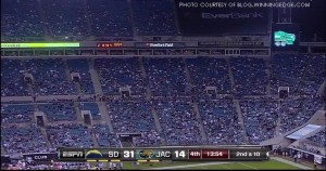 A largely empty EverBank field, home of the Jacksonville Jaguars, during a Dec. 5, 2011, loss to the San Diego Chargers. The game was televised nationally on ESPN’s Monday Night Football.