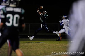 Nate Duell, senior, stretches out to catch a Malcolm Hitchcock pass for the touchdown. Duell's grab marked one of Leesville's mere two offensive touchdowns, but the Pride still held on for a 21-19 win.