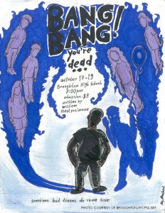‘Bang Bang you’re dead’’s poster is laid out very well. The large blue cloud represents Josh’s conscience and the five purple figures in it represent the five kids he killed. Emerging from the blue cloud is a human shaped figure which represents Josh’s shadow self, who is holding a balloon and a blade. 