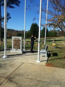 The scene is emotional and full of patriotism as Peter Marino plays both “Amazing Grace” and “Taps” on the trumpet. Marino was nominated by his band director to play for veteran’s families at Raleigh Memorial Park Monday, November 11. 