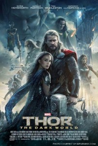 In this movie poster for Thor: The Dark World, Thor, played by Chris Hemsworth, is shown with a fierce stance as Jane Foster, played by Natalie Portman, stands against him for protection. Behind them is Loki played by Tom Hiddleston, with his menacing smile, returning after his failed attack on New York City in The Avengers.