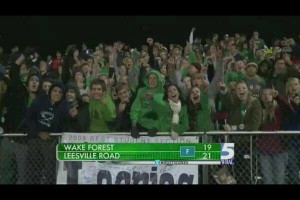At the Wake Forest vs Leesville home game, students show their loyalty to the pride by banding together and cheering spirit. Football games are a necessity of Leesville and are the symbol of our pride in our school.