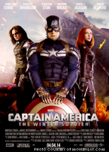 Captain America (Chris Evans) is in the center next to his ally, Black Widow (Scarlett Johansson/ Right) and his newfound enemy, The Winter Soldier (Sebastian Stan/ Left). The movie is currently ranked number one in the box office with a gross of $95,023,721.