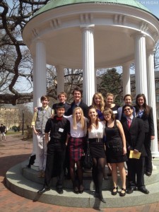 The Model UN team takes a picture under the Old Well before checking into the conference. UNC Chapel Hill’s Carolina International Relations Association hosts MUNCH conferences every March at Polk place, near the center of campus.