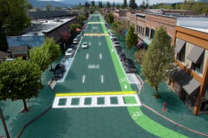 This is artist Sam Cornett’s “rendition of Sandpoint, Idaho - Home of Solar Roadways”, which realistically depicts the use of solar panels on roads. This is what roads would look like if LED glass solar panels replaced paved and painted roads.