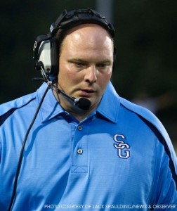 Mike Hobgood coaching the South Granville Vikings at a game in 2012. Hobgood took SG football from "literally almost nothing" to annual 2A-level contender over the past nine years.
