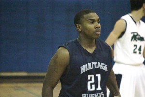 DeSean Mosby enters the court during a timeout for Heritage. Mosby's late layup won the game in heroic fashion.