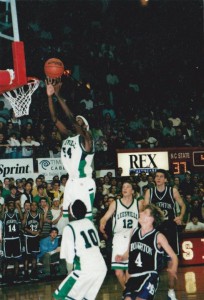 Anthony Richardson goes up for a rebound against Broughton at Reynolds Coliseum. Leesville won the game 80-66. (Photo used by permission of Shawan Robinson)