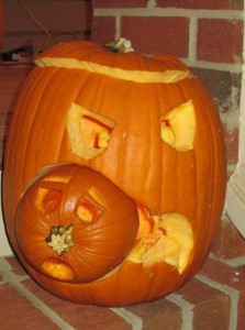 An interesting pumpkin design, that consists of one large pumpkin eating another small pumpkin. (Photo used by permission of Regan Harsa) 