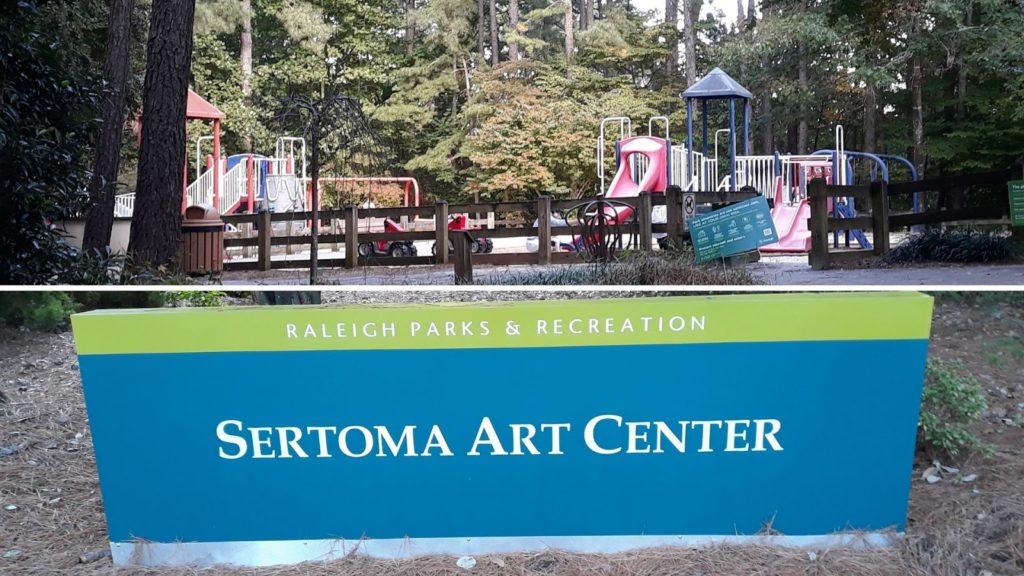 Across from the upper parking lot and in front of one of the entrances is the Sertoma Art Center. Attached to the art center is an enclosed playground meant for children 12-and-under.