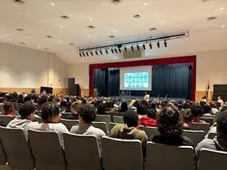 Leesville Road Highschool’s students attend Ms. Jacobs’ principal chat. The principal chat takes place in the auditorium. Principal chats help start the year with both the students and the staff being on the same page. (Photo courtesy of Natalia Fernandez)